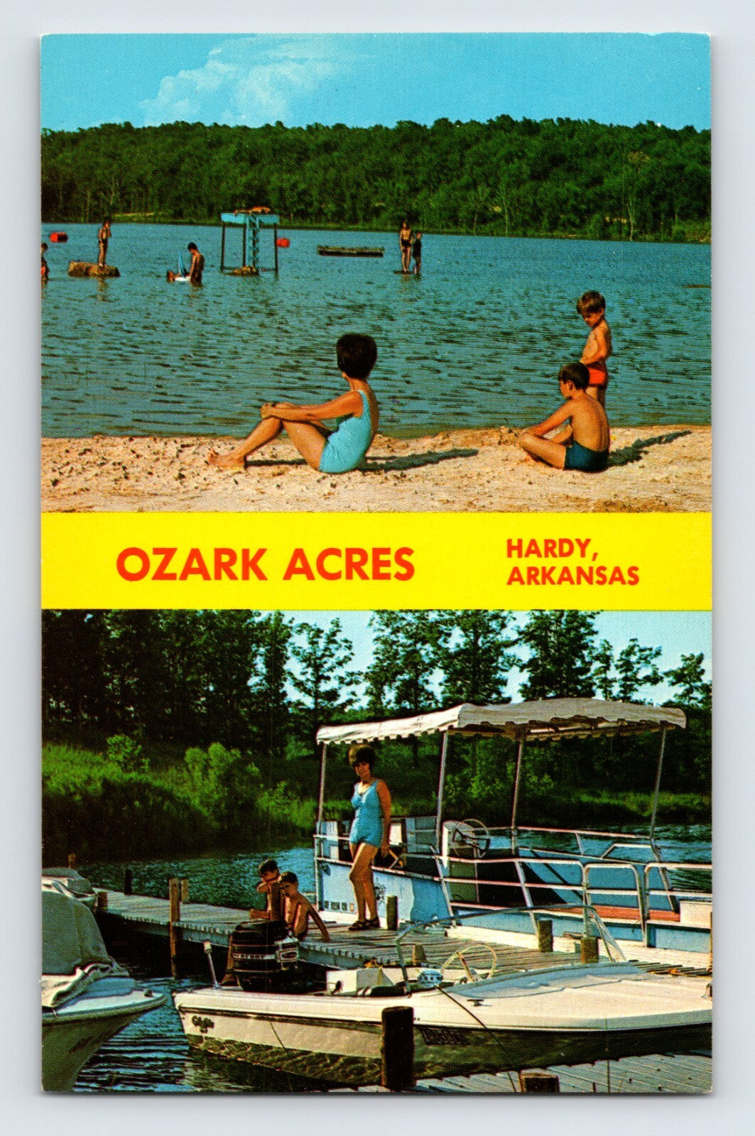 Hardy Arkansas Ozark Acres lake swimming boating recreation chrome postcard 1960s
