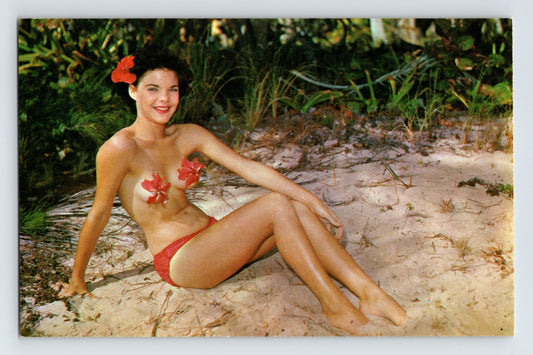 Brunette pin up model hibiscus flowers bikini beach sand tropical 1950s chrome postcard