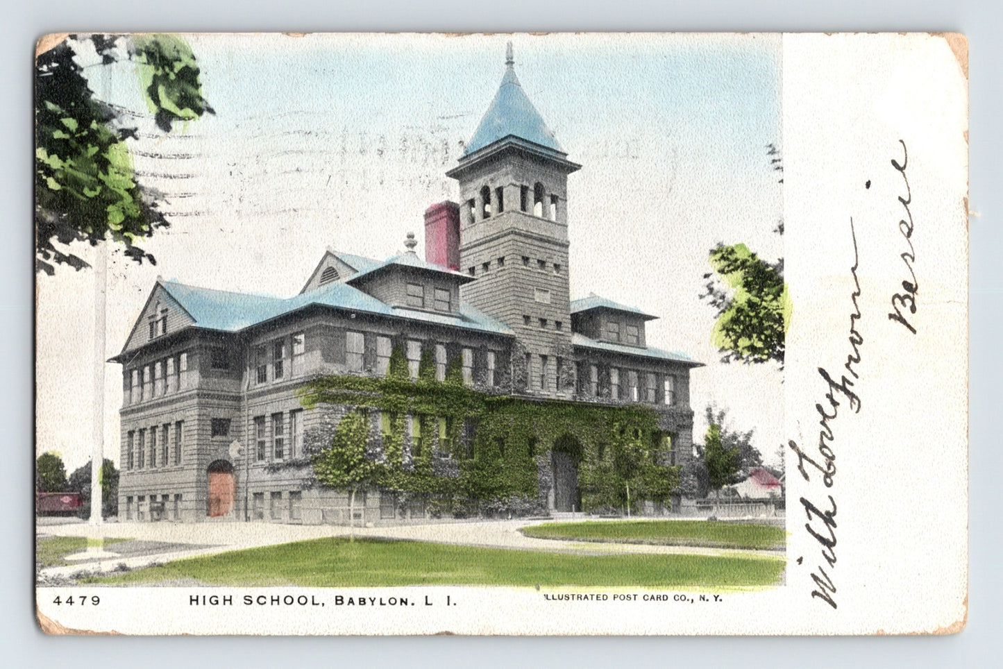 Babylon New York Long Island High School historic tower building postcard 1910s