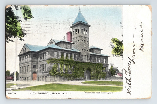 Babylon New York Long Island High School historic tower building postcard 1910s