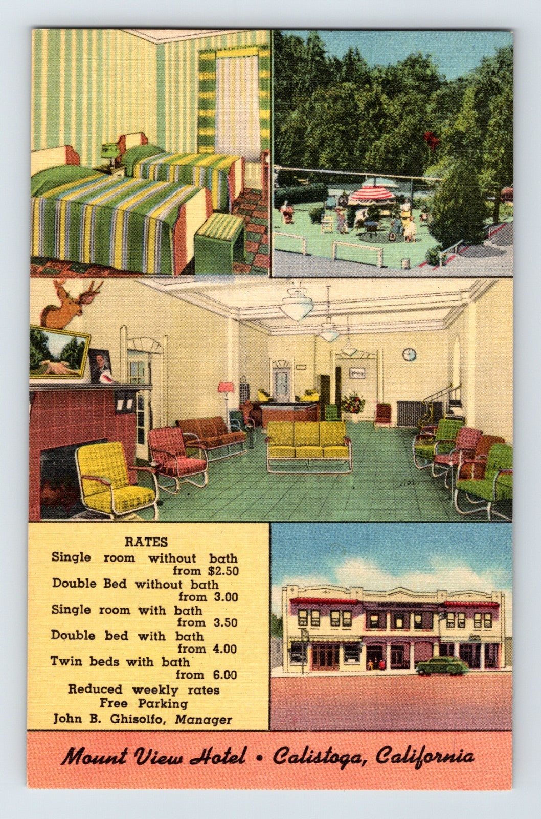 Calistoga California Mount View Hotel interior lobby rooms pool 1940s linen postcard