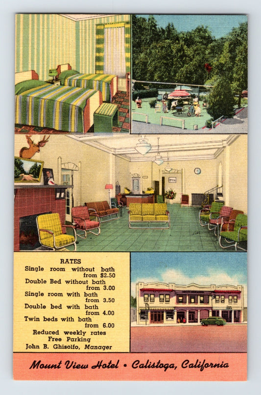 Calistoga California Mount View Hotel interior lobby rooms pool 1940s linen postcard