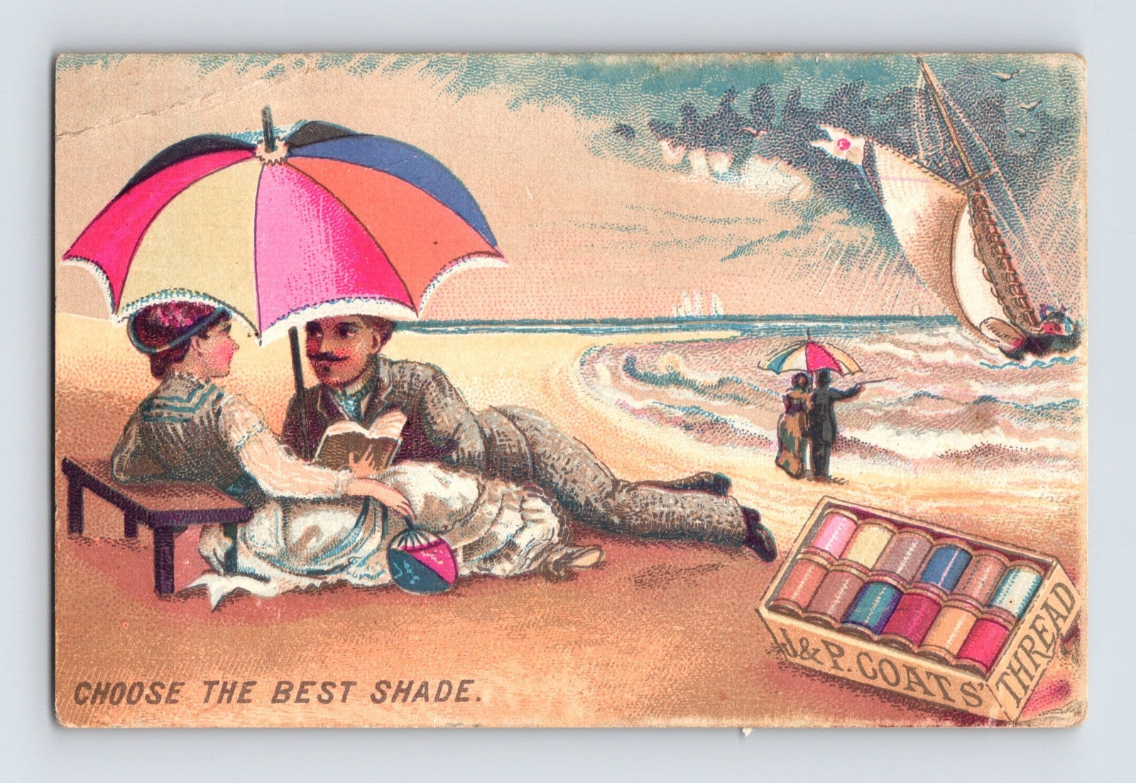 J and P Coats beach couple parasol thread spools seaside 1890s trade card