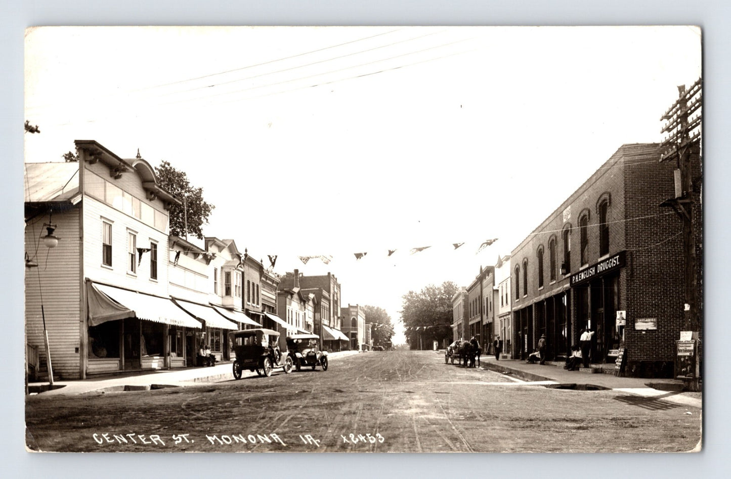 Monona Iowa Center Street English Druggist Ice Cream 1917 RPPC Postcard Posted