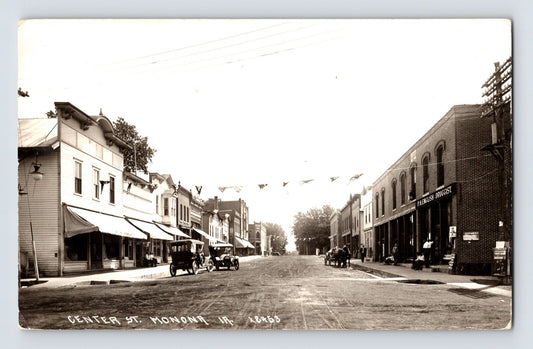 Monona Iowa Center Street English Druggist Ice Cream 1917 RPPC Postcard Posted