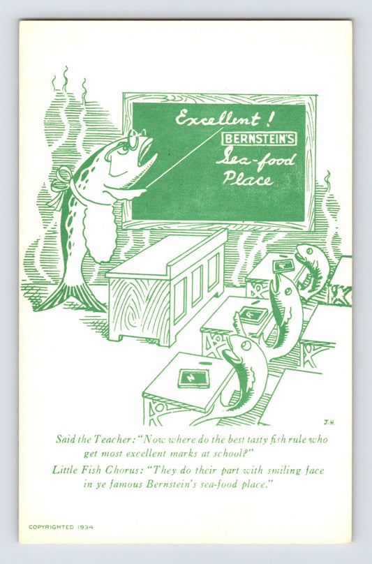 San Francisco Bernstein seafood restaurant cartoon fish classroom 1930s postcard
