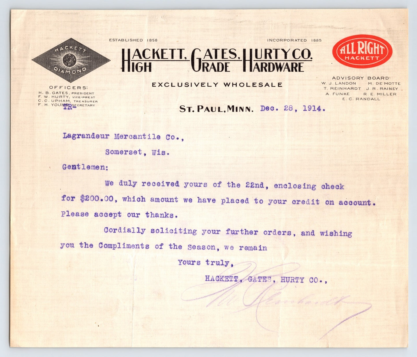 St Paul Minnesota Hackett Gates Hurty Hardware 1914 wholesale letterhead document