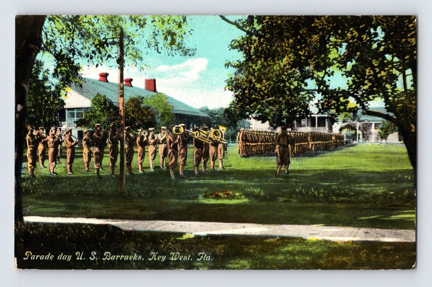 Key West Florida U.S. Army Barracks Parade 1910s Postcard Unposted Divided
