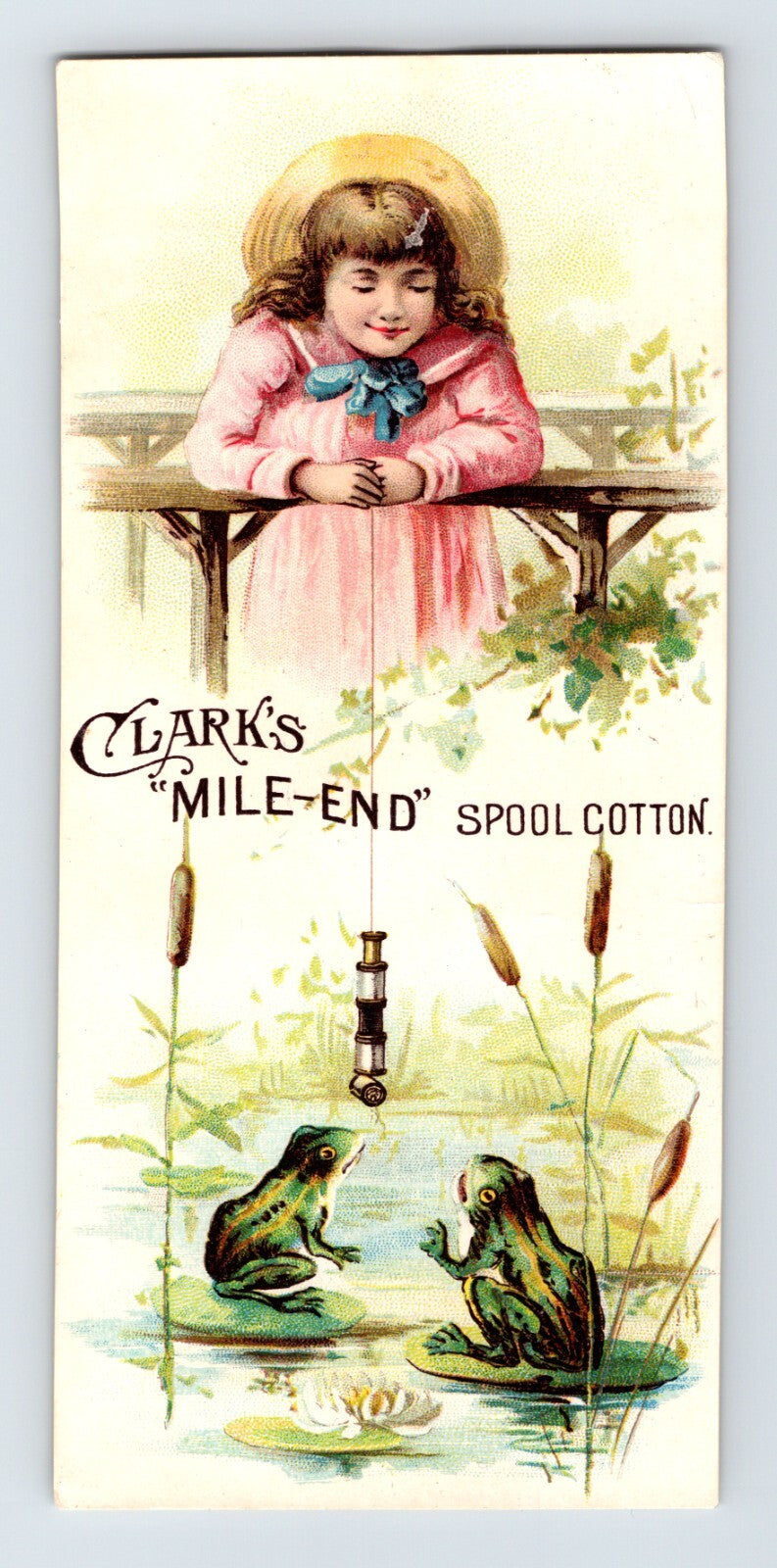 Clarks Mile End spool cotton trade card girl frogs pond Victorian 1890s 2.5 x 5.5