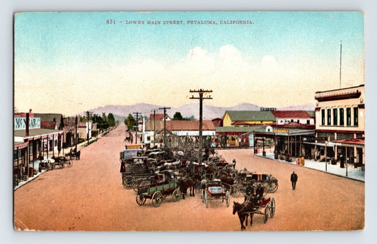 Petaluma California Lower Main Street downtown scene with horse drawn carriages and storefronts 1910 postcard