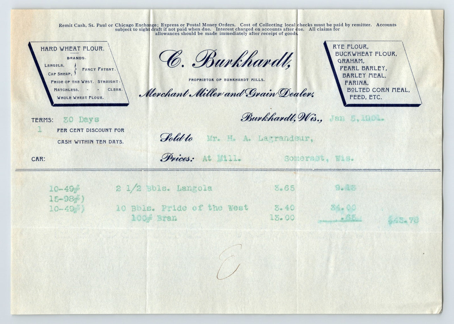 Burkhardt Wisconsin 1901 Burkhardt Mill Grain Flour Billhead 8 x 6