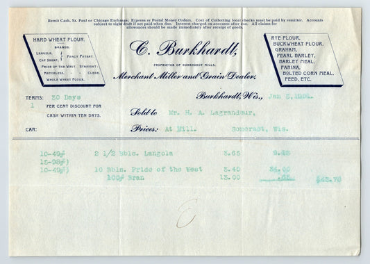 Burkhardt Wisconsin 1901 Burkhardt Mill Grain Flour Billhead 8 x 6