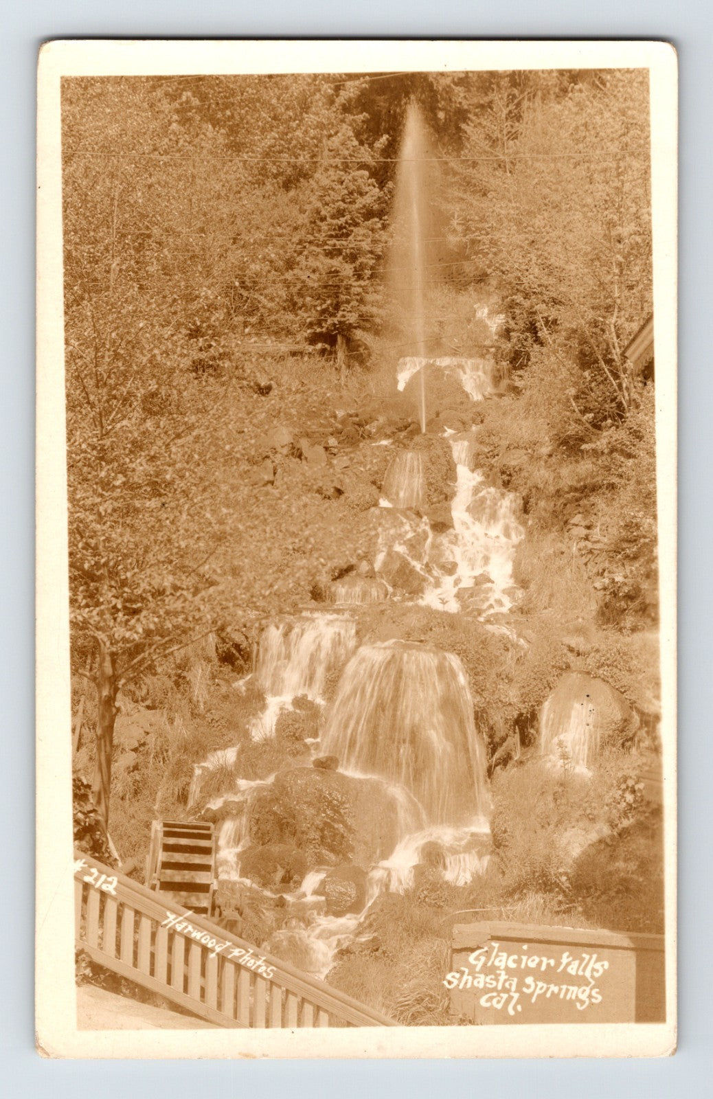 Glacier Falls at Shasta Springs California with cascading waterfall and wooden railing real photo postcard