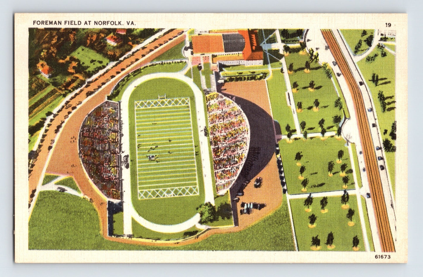 Norfolk Virginia Foreman Field aerial football stadium illustration crowd stands campus view