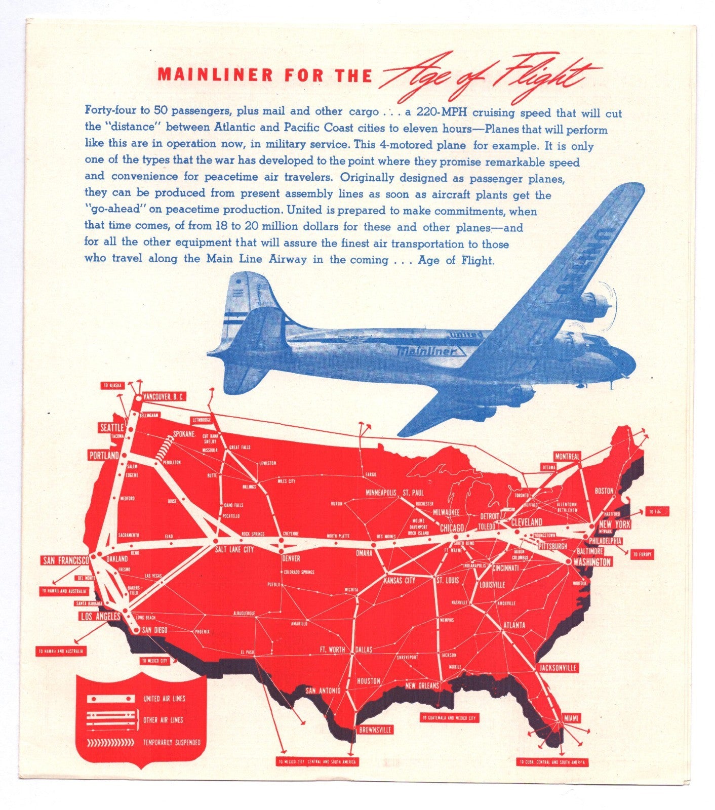 United Airlines 1944 Mainliner System Time Table Brochure Booklet Vintage