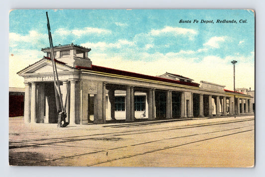 Redlands California Santa Fe Depot train station with colonnade platform and tracks 1910s postcard