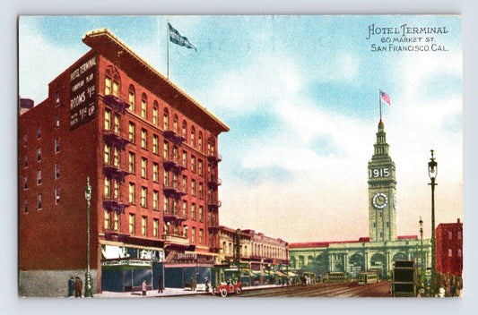 San Francisco California Hotel Terminal Market Street Ferry Building clock tower 1910s postcard