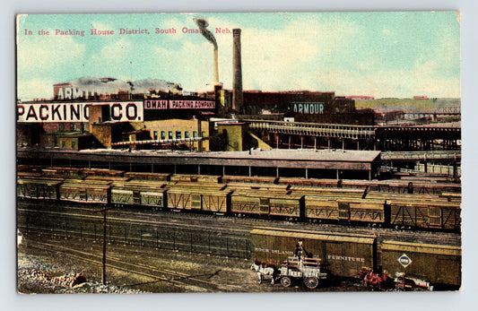 Omaha Nebraska packing house district rail yard Armour plant freight cars 1910s postcard