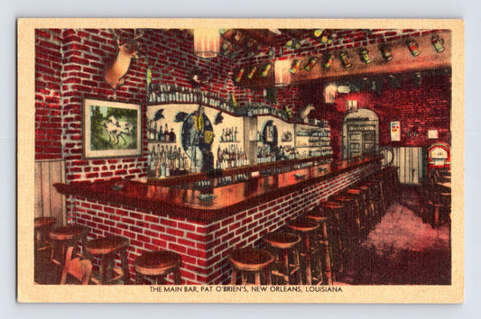 New Orleans Louisiana Pat O’Briens Bar 1940s Postcard Unposted Linen