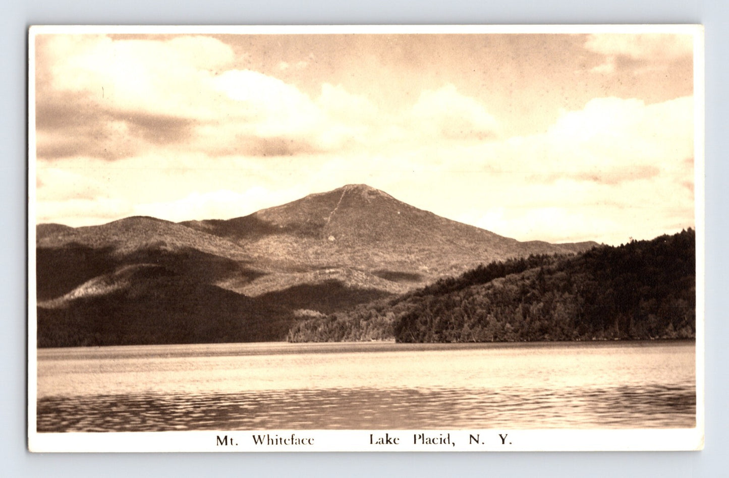 Lake Placid New York Whiteface Mountain lake reflection Adirondacks 1930s RPPC postcard