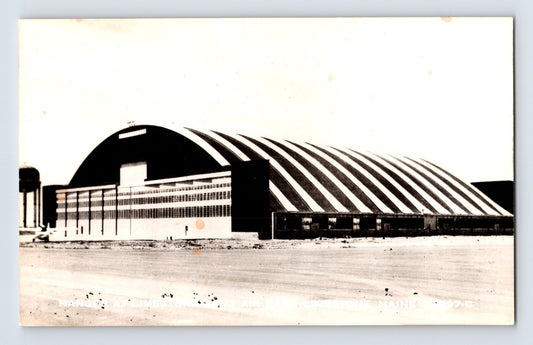 Limestone Maine Army airfield hangar curved roof structure 1950s RPPC postcard