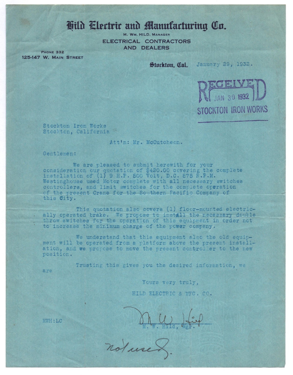 Stockton California Hild Electric Manufacturing letterhead 1932 blue paper typed correspondence