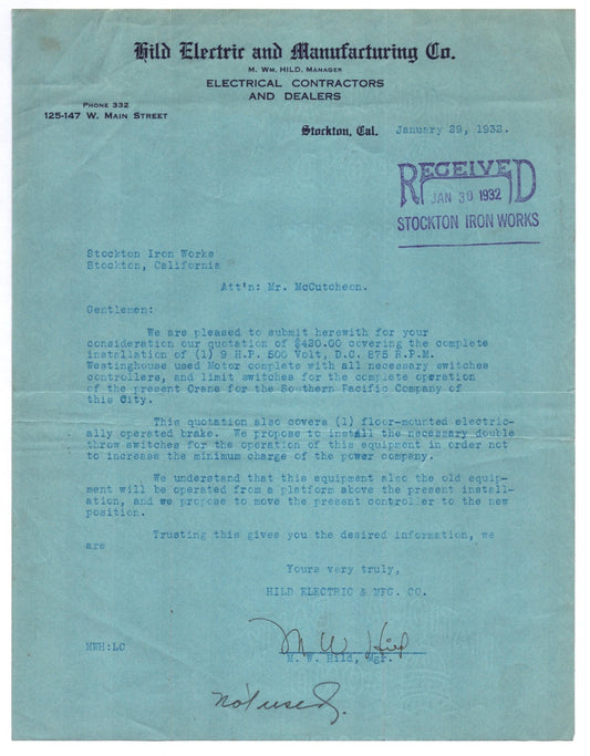 Stockton California Hild Electric Manufacturing letterhead 1932 blue paper typed correspondence