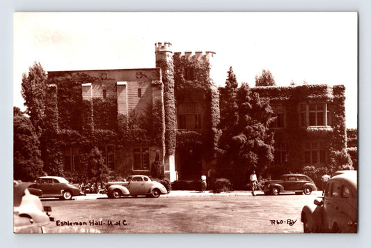 Berkeley California University of California Eshleman Hall 1940s real photo postcard with parked automobiles EKC paper