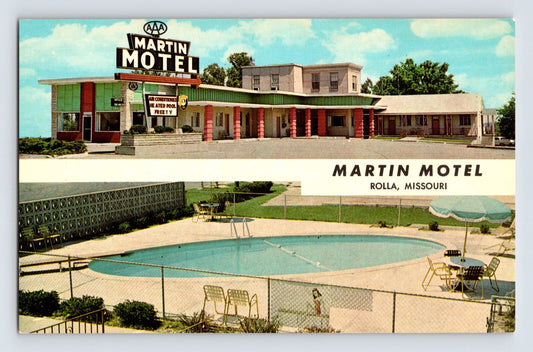Rolla Missouri Martin Motel Route 66 pool AAA sign 1960s chrome postcard