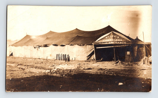 Brunks Comedians circus tent entrance with canvas big top and show banner, 1910s real photo postcard