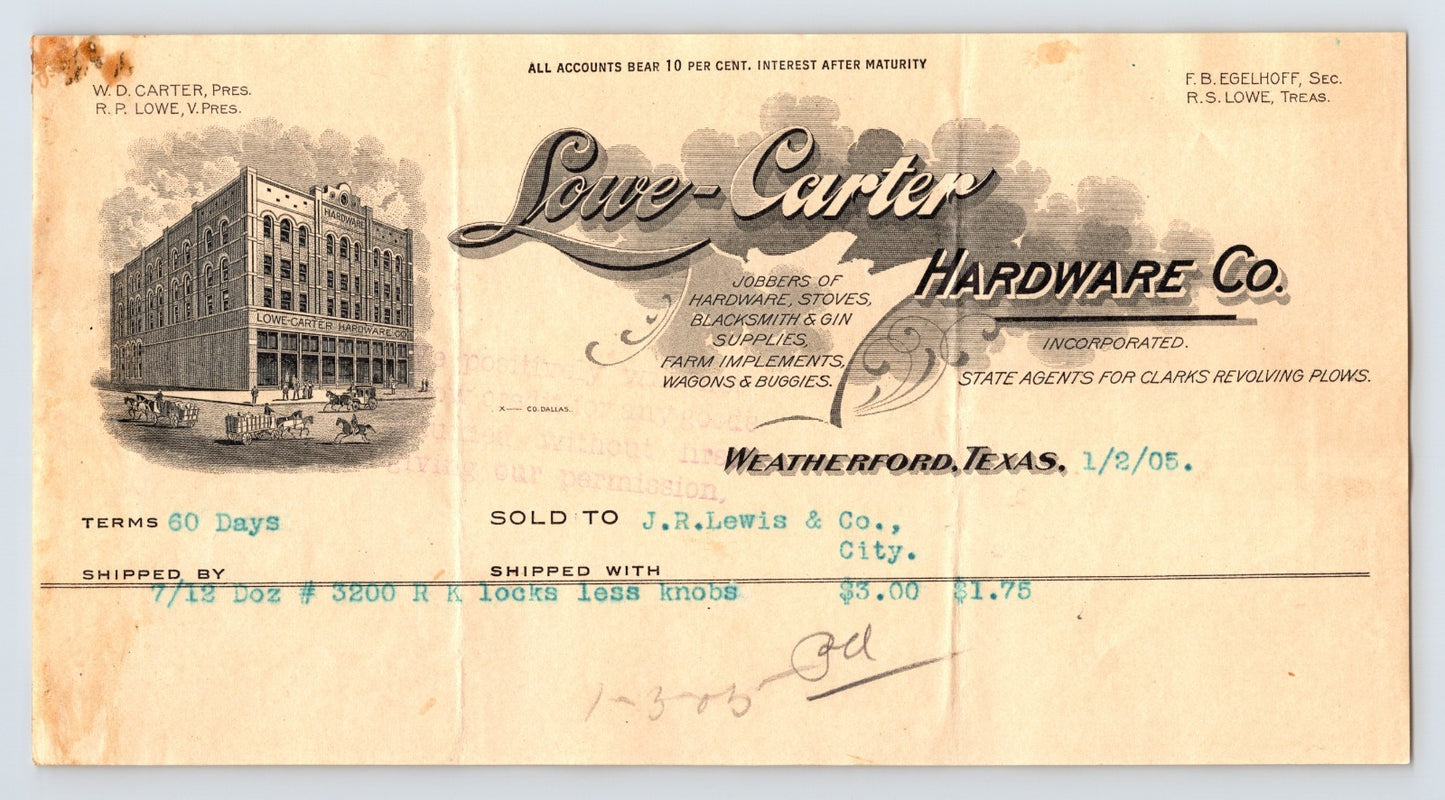 Weatherford Texas 1905 Lowe Carter Hardware Co Billhead Invoice Doz RK Locks