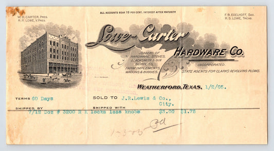 Weatherford Texas 1905 Lowe Carter Hardware Co Billhead Invoice Doz RK Locks