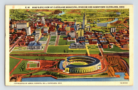 Cleveland Ohio Municipal Stadium downtown aerial 1954 linen postcard