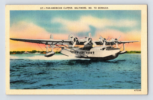 Baltimore Maryland Pan American Clipper seaplane on water route to Bermuda 1940s postcard