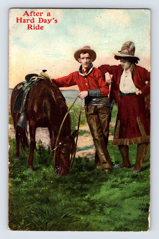 Montrose Iowa Cowgirl Cowboy Horse After Hard Day Ride 1909 Postcard Posted