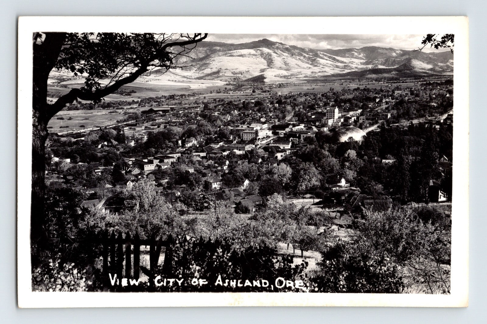 Ashland Oregon aerial view downtown valley mountains 1940s RPPC EKC postcard