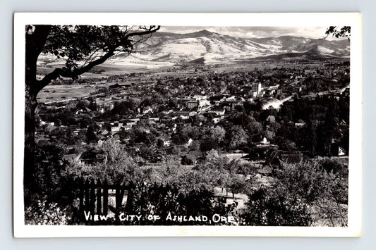Ashland Oregon aerial view downtown valley mountains 1940s RPPC EKC postcard
