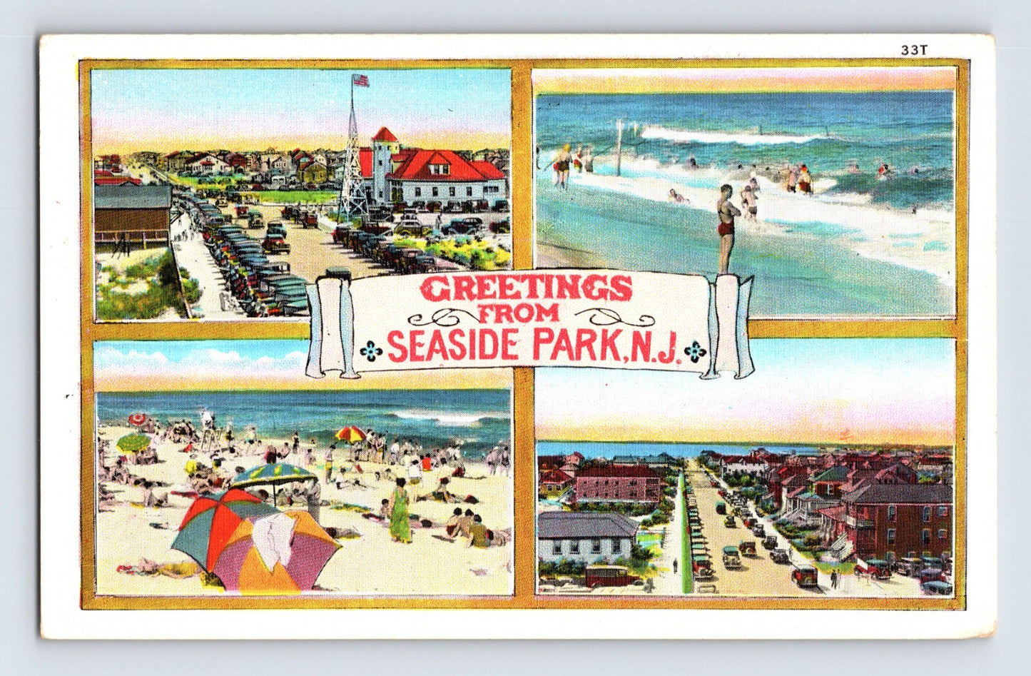 Seaside Park New Jersey beach boardwalk multi view linen postcard 1940s