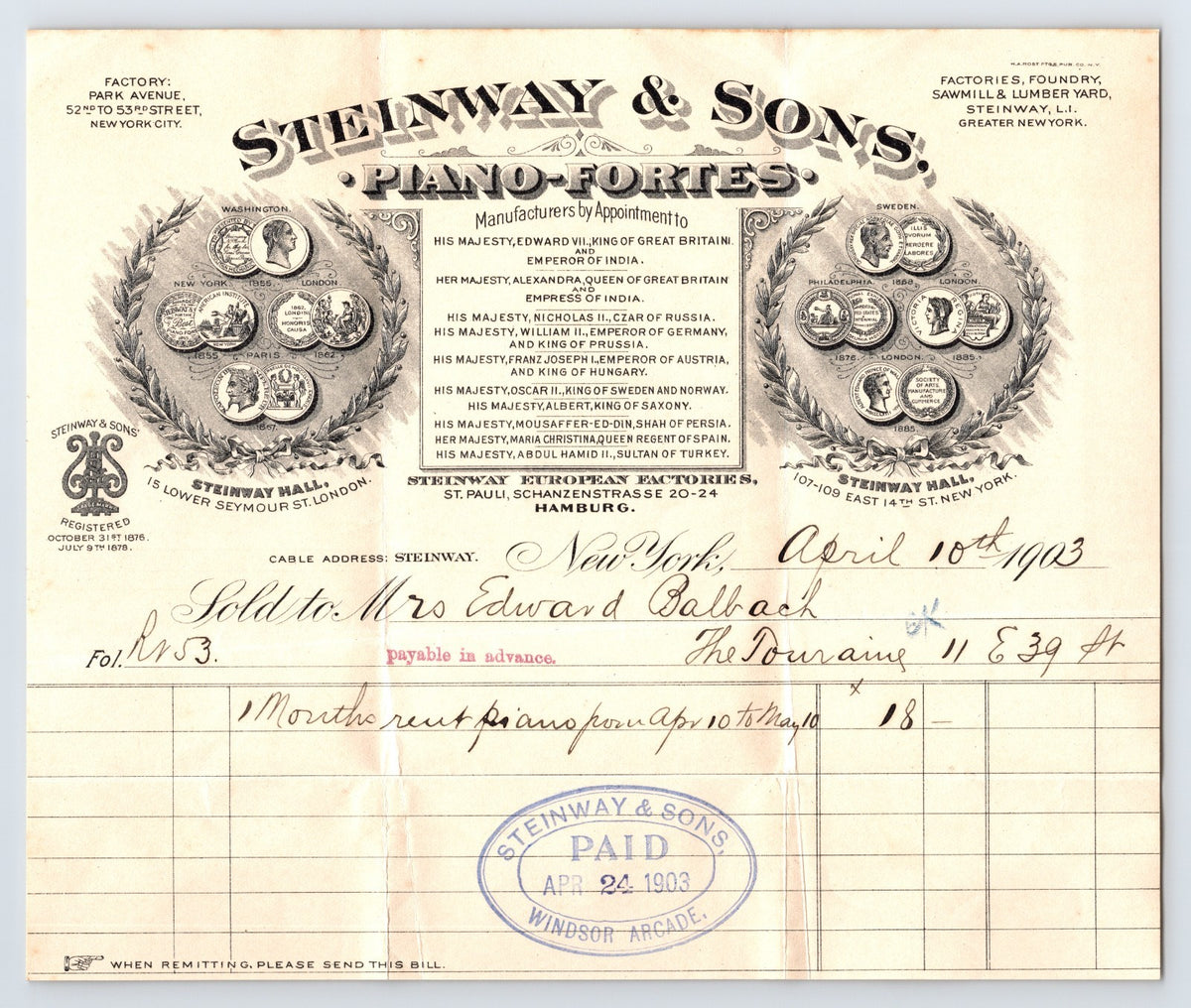 Steinway New York City 1903 Piano Rental Billhead 8 x 7
