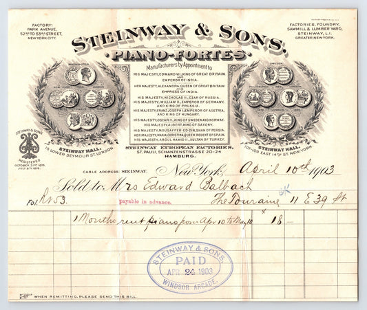 Steinway New York City 1903 Piano Rental Billhead 8 x 7