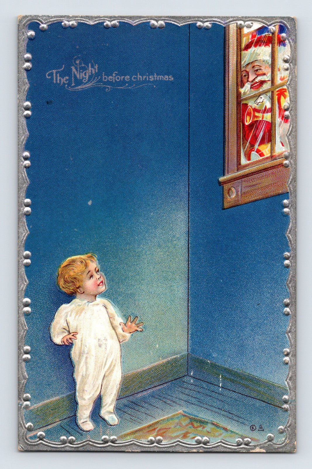 Child in white footed pajamas watching Santa Claus through a window on The Night Before Christmas 1911 holiday postcard with silver embossed border.