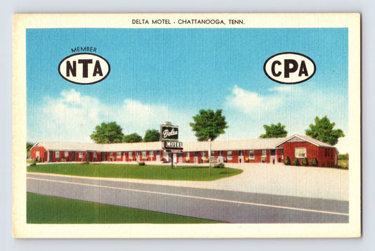 Color linen postcard showing Delta Motel in Chattanooga, Tennessee, with roadside sign, low motor court layout, and NTA and CPA membership emblems; unposted back.
