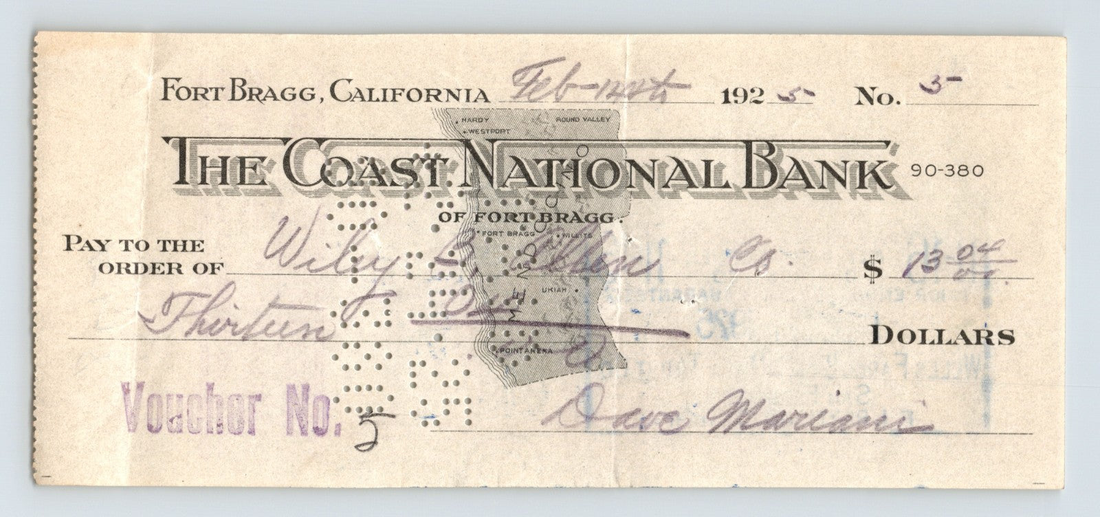 1925 Coast National Bank money order check from Fort Bragg, California, featuring ornate banking typography, handwritten payment details, and period financial cancellation markings.