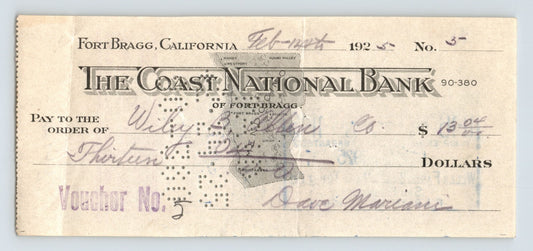 1925 Coast National Bank money order check from Fort Bragg, California, featuring ornate banking typography, handwritten payment details, and period financial cancellation markings.