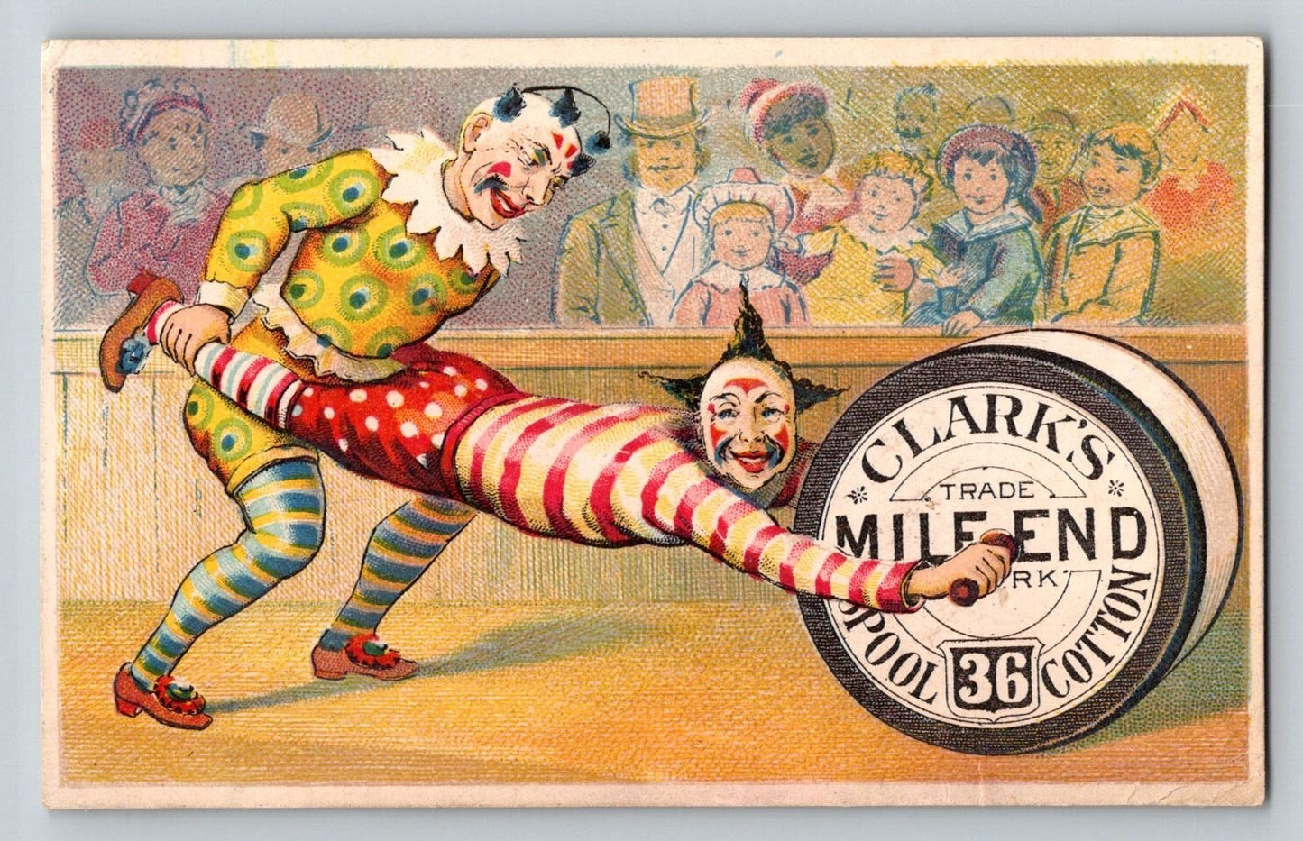 Clarks Mile End Spool Cotton Victorian trade card clowns circus scene