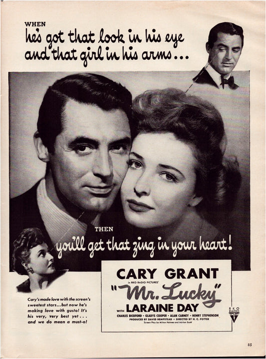 Mr Lucky 1943 film Cary Grant Laraine Day movie promotion print ad