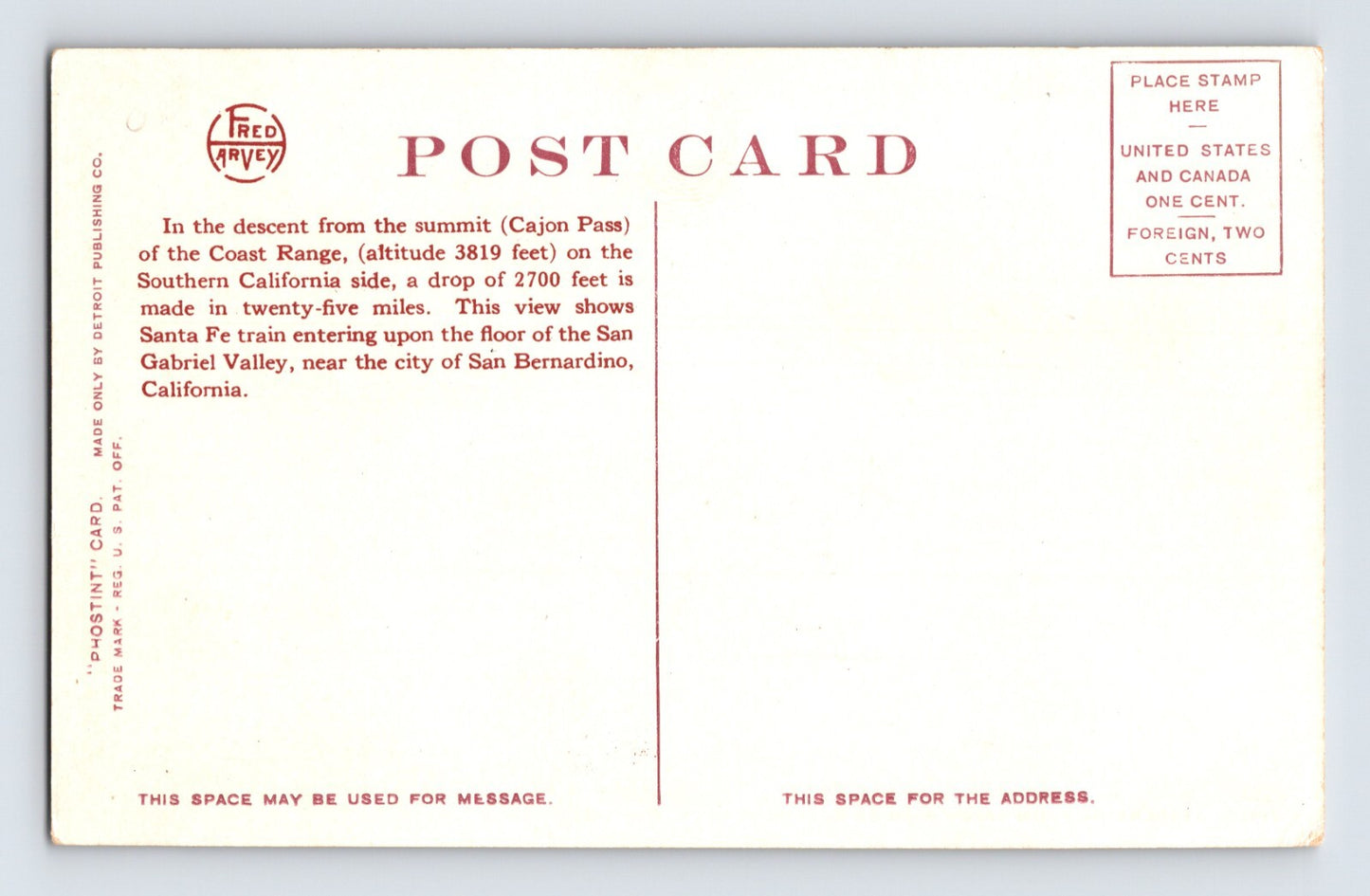 Cajon Pass California Railroad Train Fred Harvey 1910s Postcard Unposted