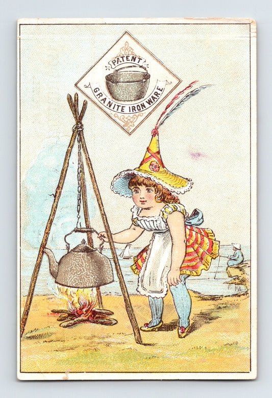 Victorian trade card for Patent Granite Ironware showing child cooking over tripod kettle with Fowler Ball St John Michigan advertising reverse 