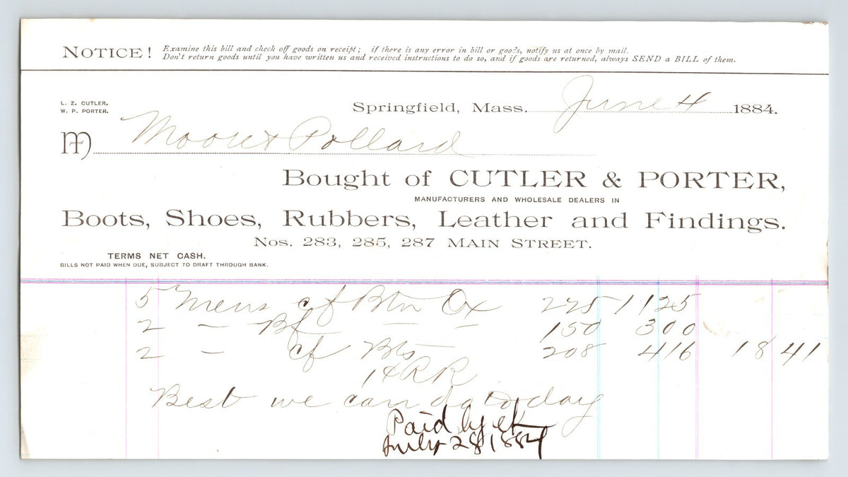Springfield Massachusetts Cutler Porter boots shoes billhead 1884 handwritten invoice