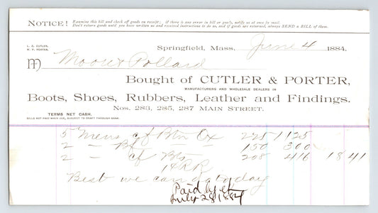 Springfield Massachusetts Cutler Porter boots shoes billhead 1884 handwritten invoice
